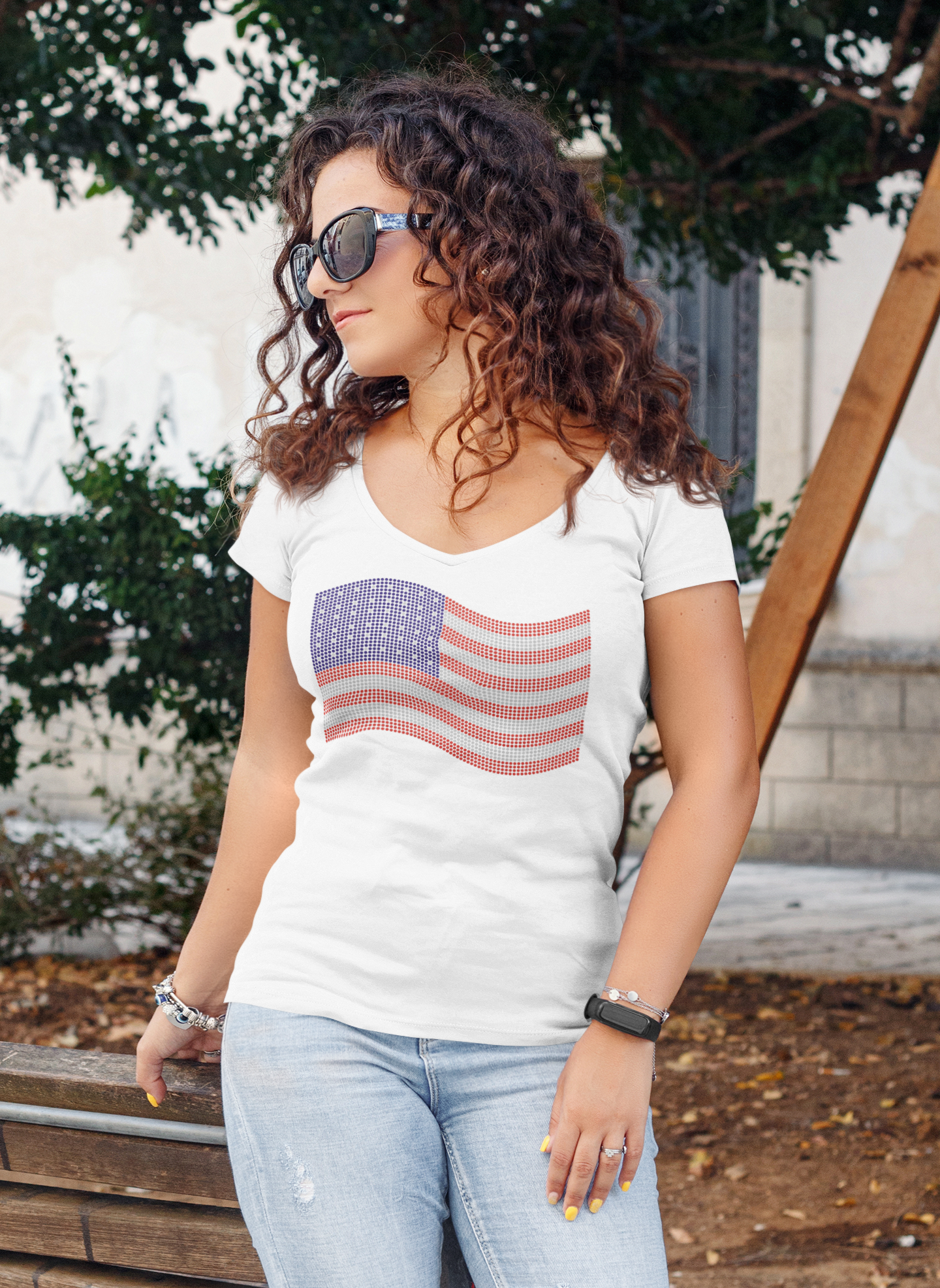 Wavy US Flag Rhinestone T-shirt; holidays, United States, USA; Design FLAG-2