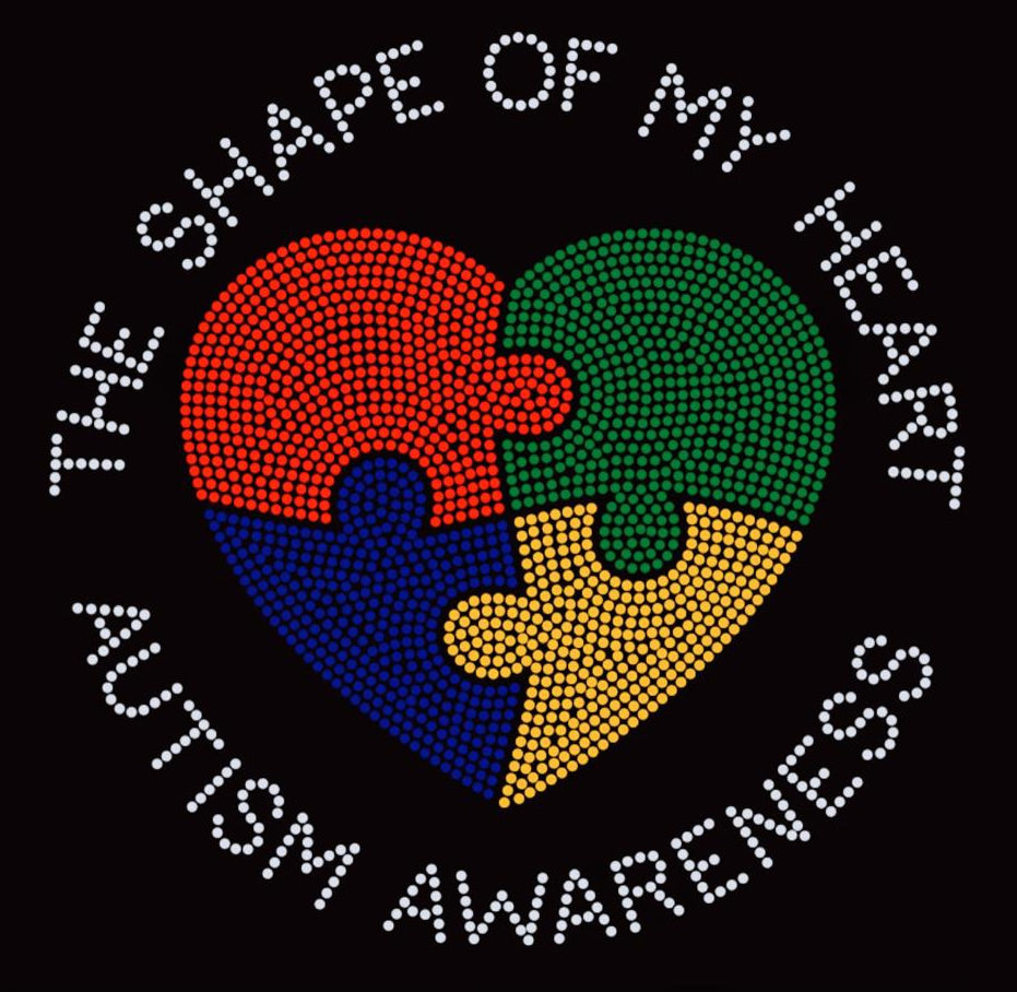 THE SHAPE OF MY HEART AUTISM AWARENESS Rhinestone T-shirt; puzzle pieces; Large design; ***PLEASE NOTE: The glitter vinyl has be replaced with rhinestones now. Please see black mock-up! Design AUT-3
