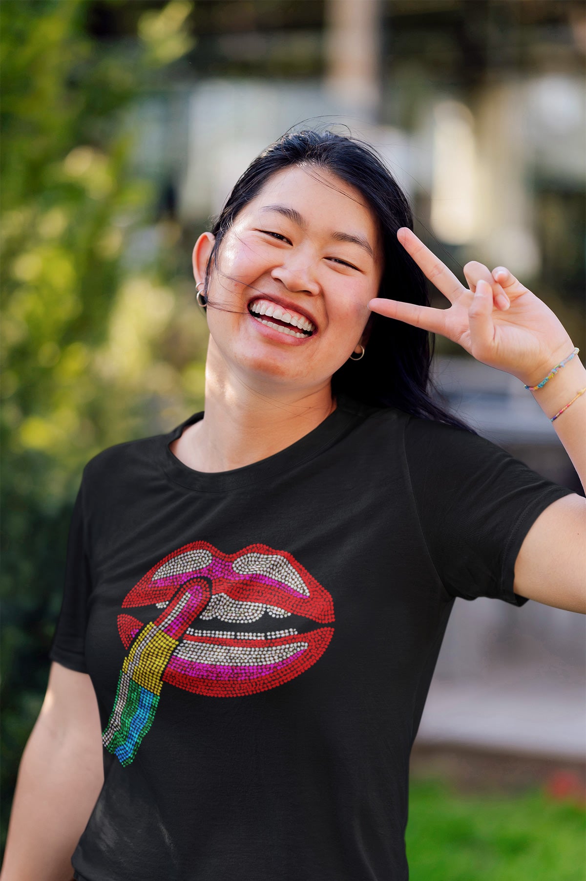 Red and Pink Lips with Red and Pink Lipstick Rhinestone T-shirt; Design LIPS-6