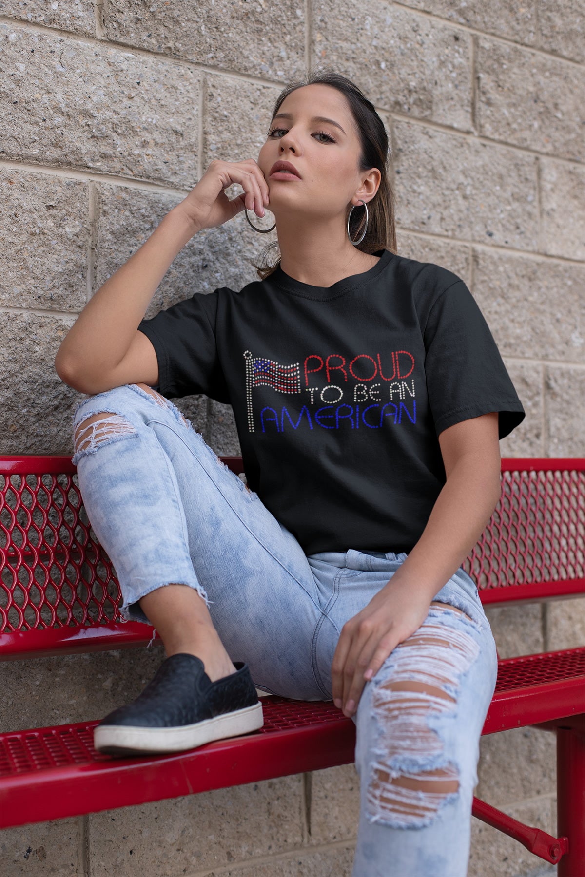 Proud to be an American Flag Rhinestone T-shirt; holidays, United States, US, USA; Design FLAG-4