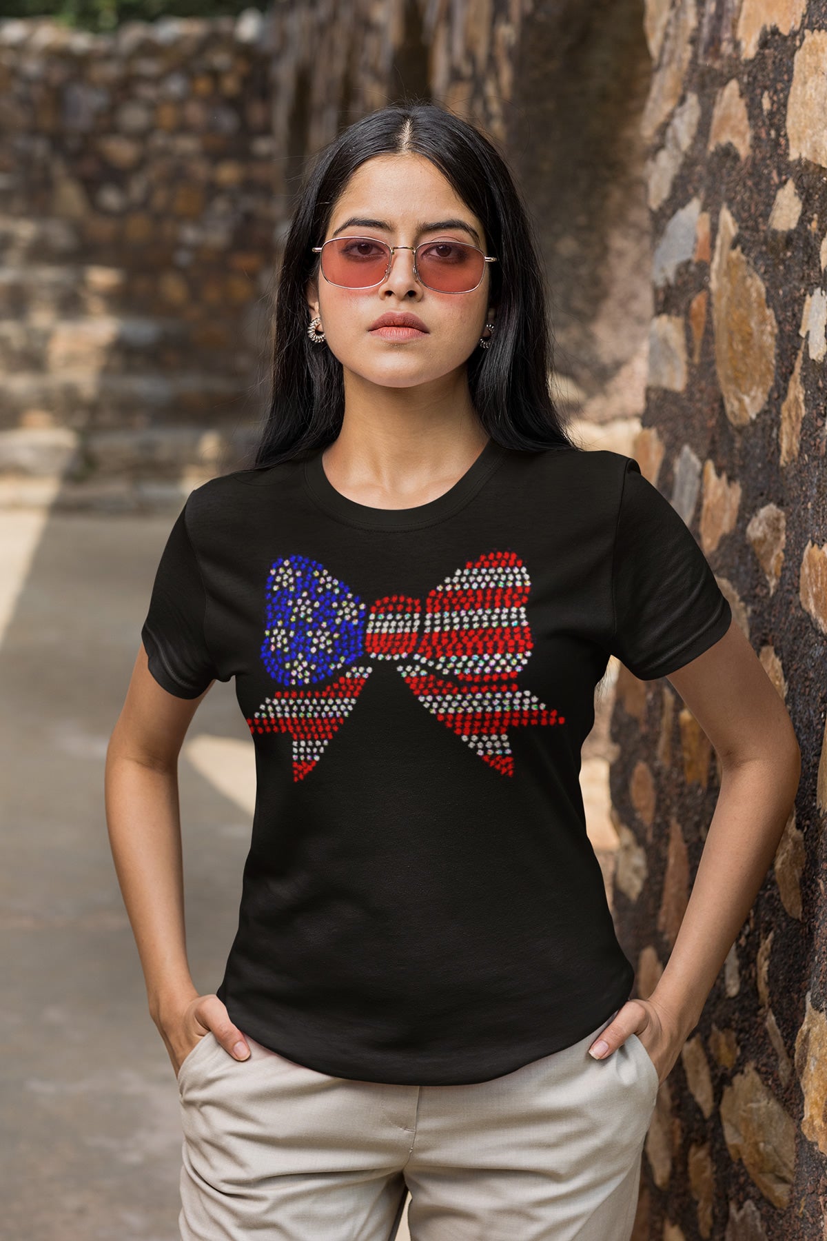 Bow Flag Rhinestone T-shirt; holidays, United States, US, USA; Design FLAG-5