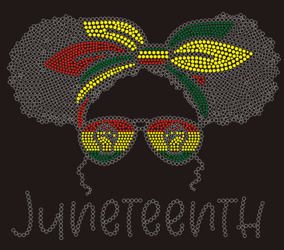 Juneteeth Afro Puff Rhinestone T-shirt; messy bun; Design JUNETEENTH-1