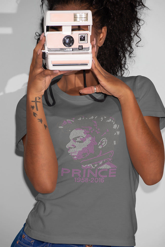 PRINCE 1958-2016 Rhinestone T-shirt; music, celebrity; Large design; Design-PR2