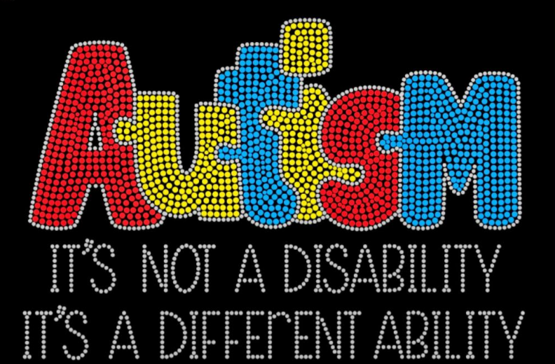 Autism It's Not a Disability It's a Different Ability Colorful Rhinestone T-shirt; Large design; Design AUT-2