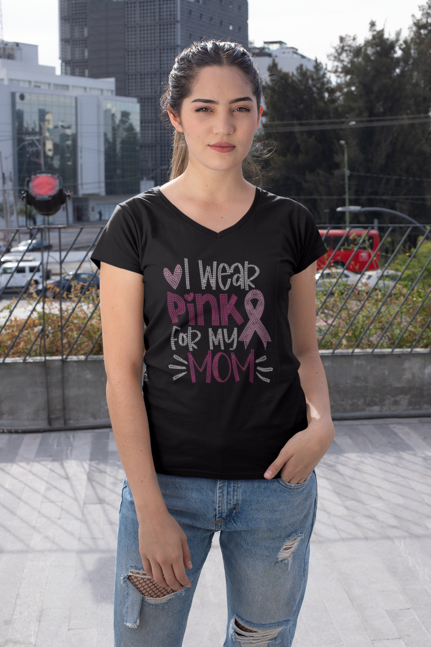 I Wear Pink for My Mom Rhinestone T-shirt; pink ribbon, breast cancer; Design-BC4