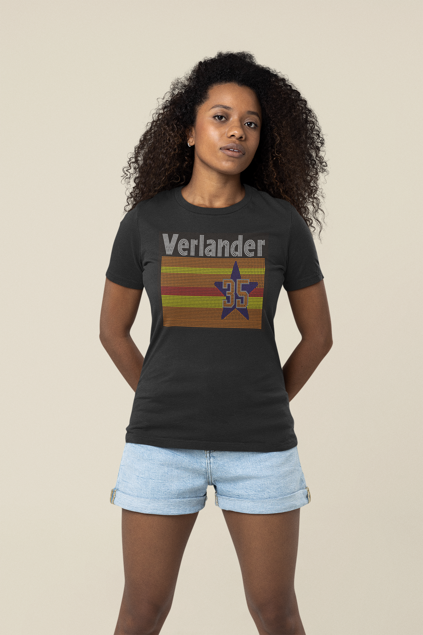 Verlander 35 Striped Flag Rhinestone T-shirt; Large design; Houston, Astros, H-town, baseball; Design-HA26