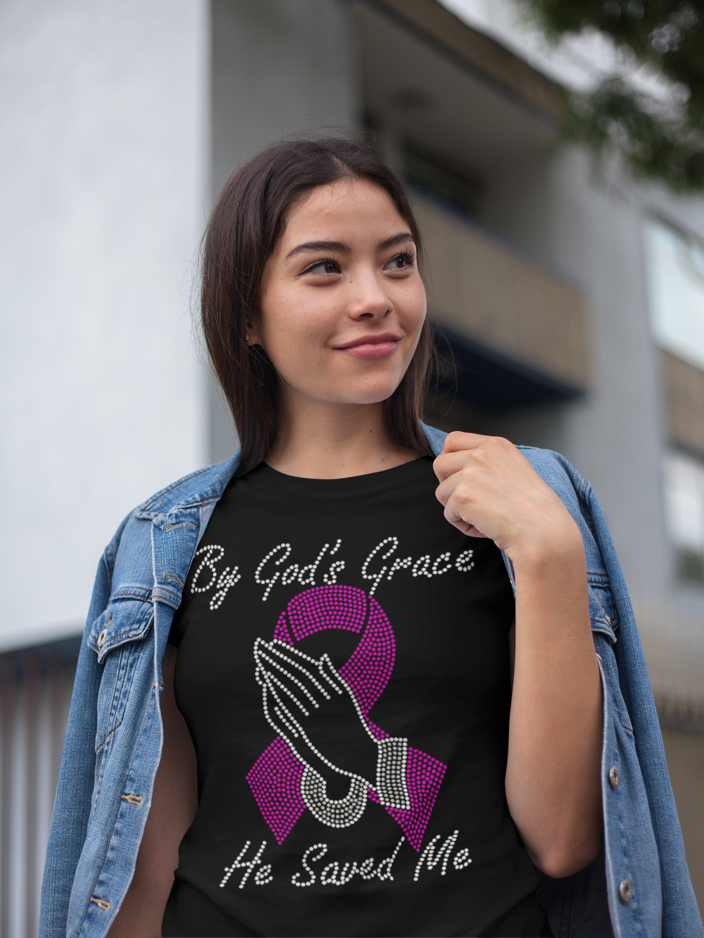 By God's Grace He Saved Me Rhinestone T-shirt; Large design; breast cancer, pink ribbon; Design-BC8