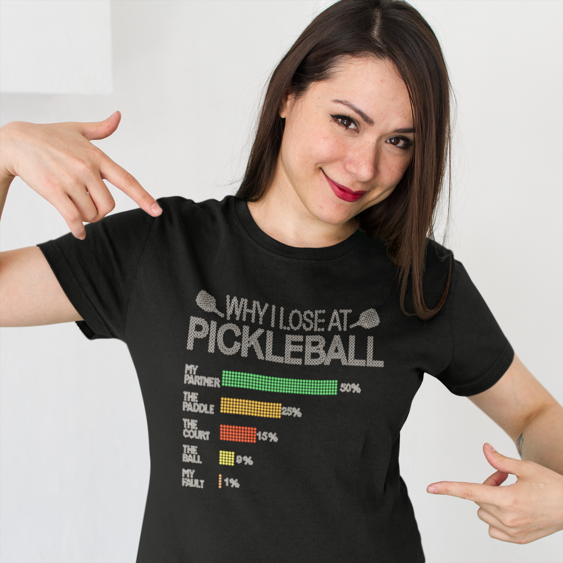 Why I Lose at Pickleball Colorful Rhinestone T-shirt; paddles; Design-PCKB1