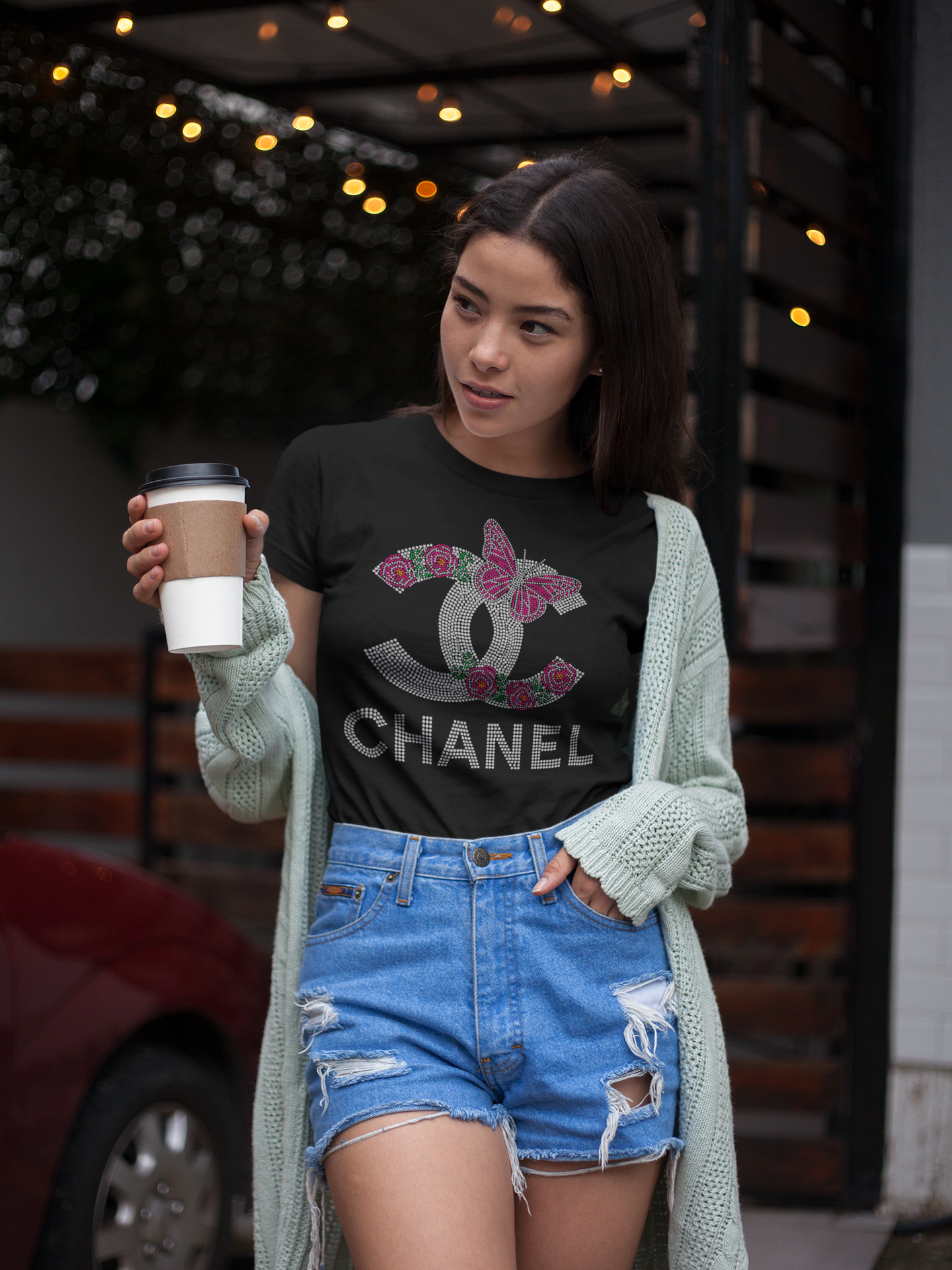 CHANEL Floral Rhinestone T-shirt; CC, flowers, butterfly; Design-C6