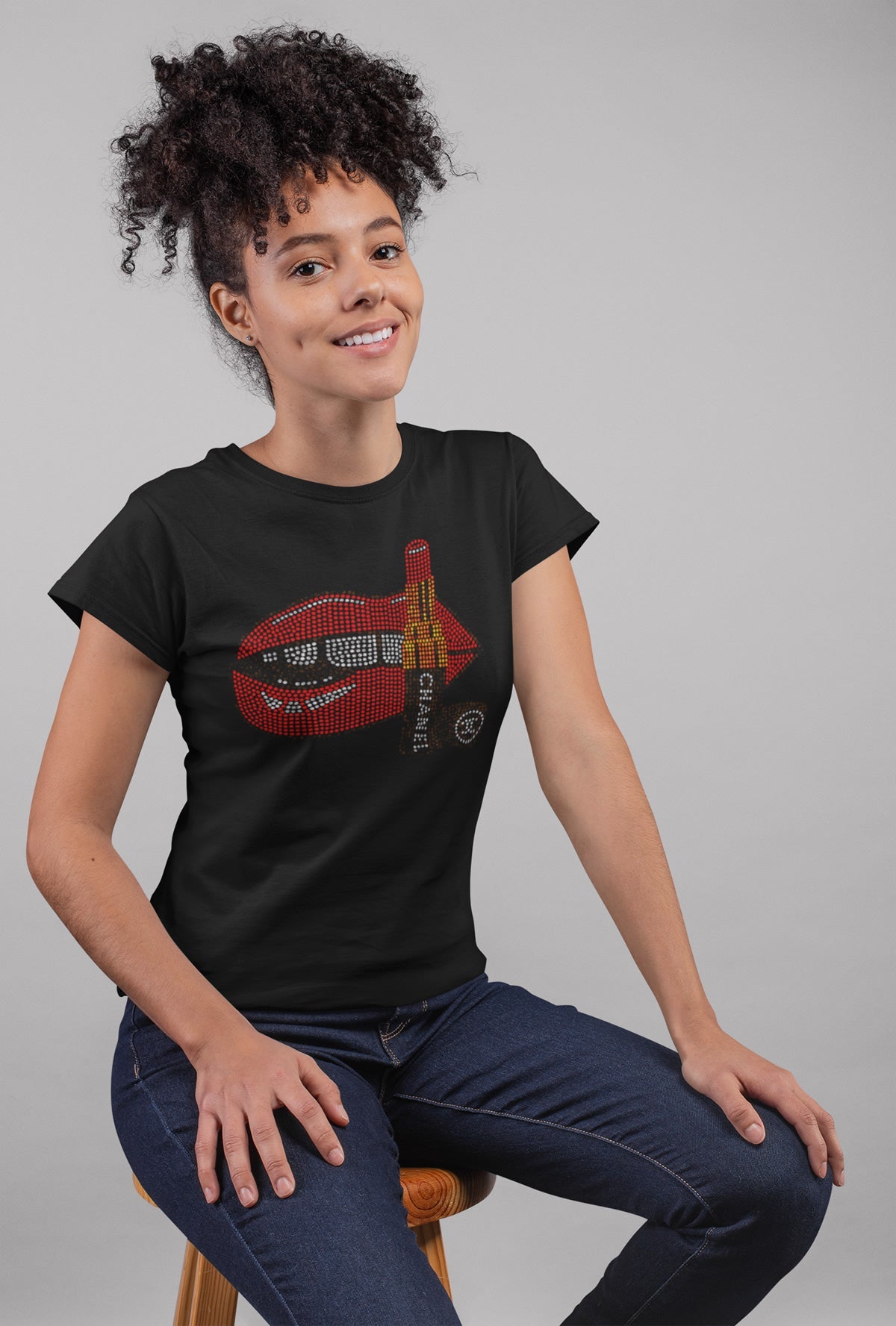 Red Lips and Red Chanel Lipstick Rhinestone T-shirt; Design LIPS-4