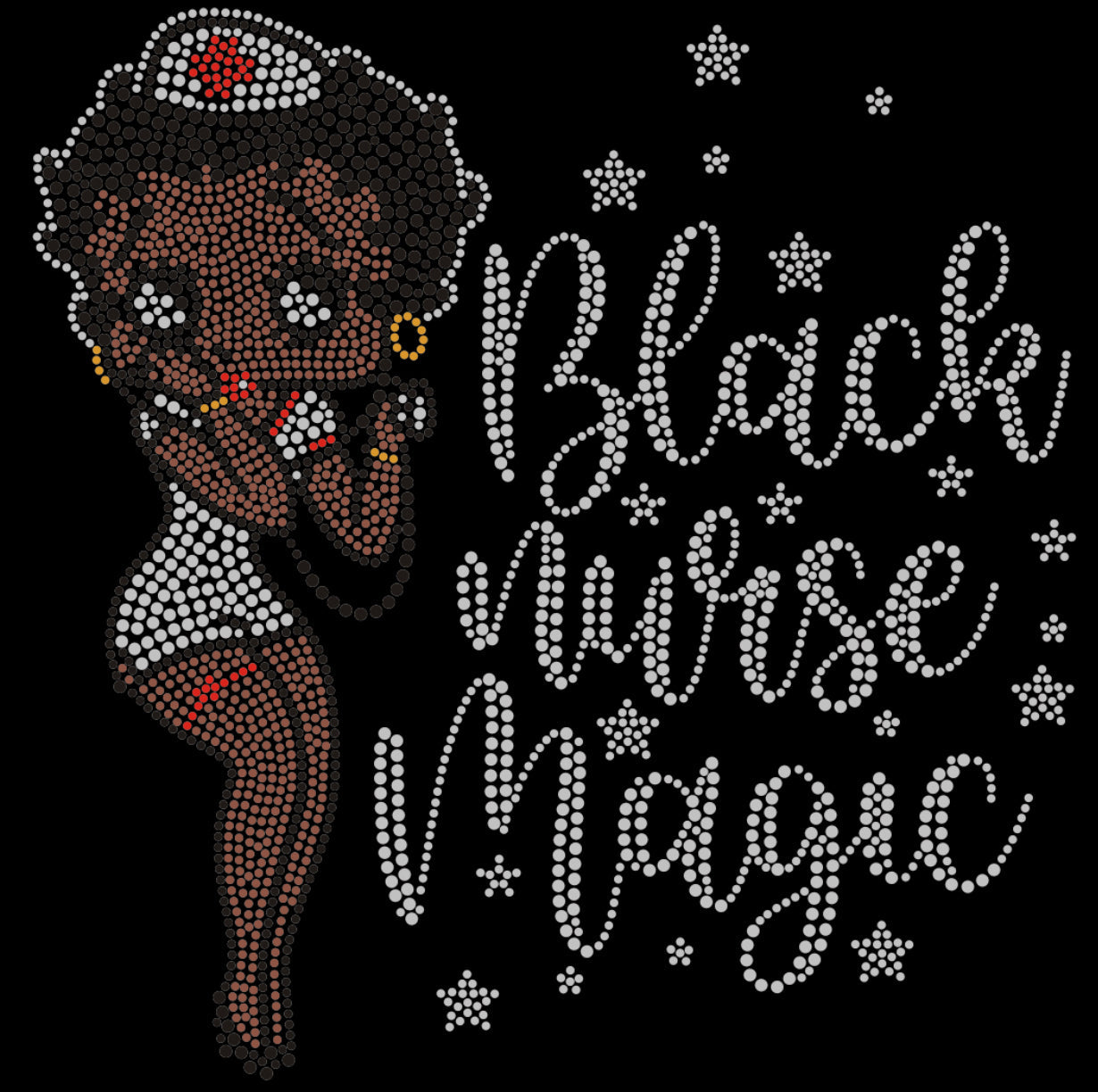 Black Nurse Magic Rhinestone T-shirt; Betty Boop, nursing; Design BNURS-2