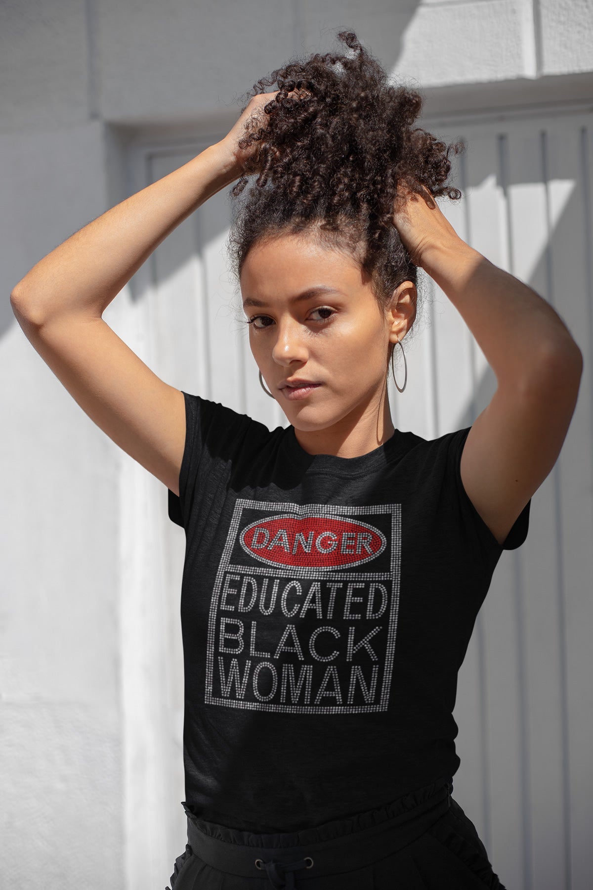 Danger Educated Black Woman Rhinestone T-shirt; Large design; Design-AA1