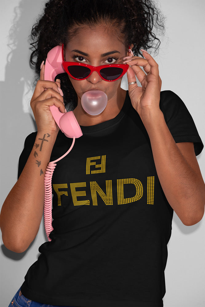 FENDI Rhinestone T-shirt; FF; Design-F1