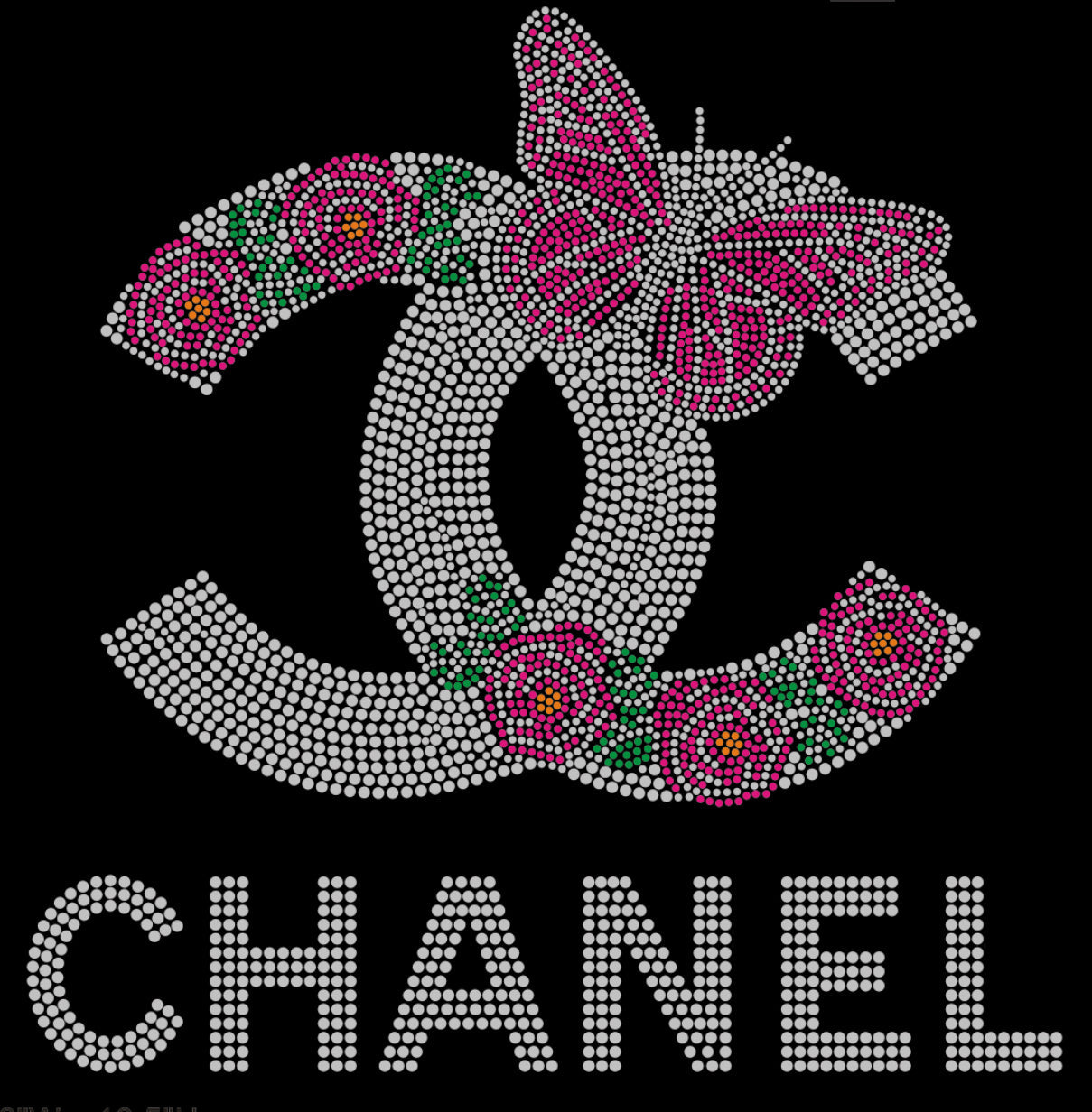 CHANEL Floral Rhinestone T-shirt; CC, flowers, butterfly; Design-C6