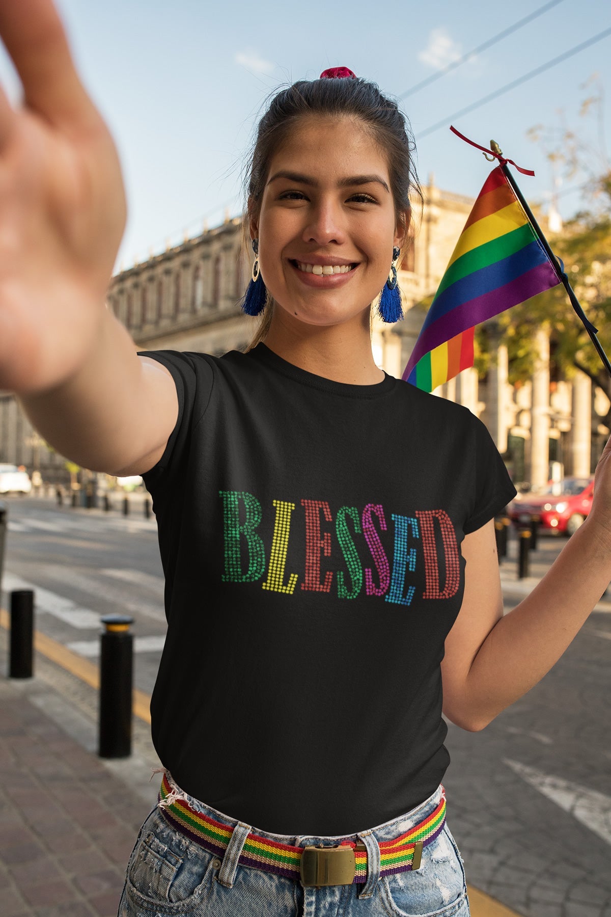 BLESSED Colorful Rhinestone T-shirt; religious; Design BLES-1