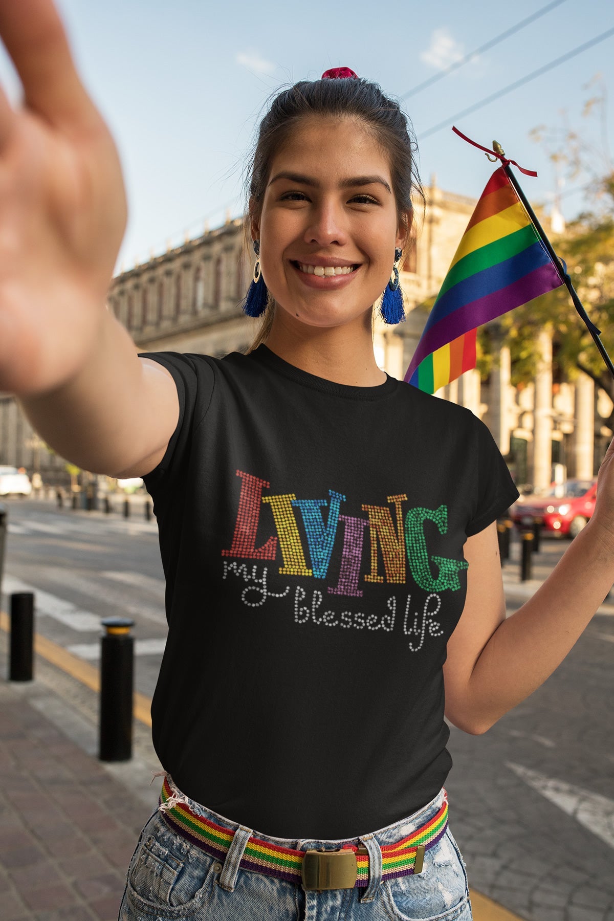 LIVING My Blessed Life Colorful Rhinestone T-shirt; religious; Design BLES-2