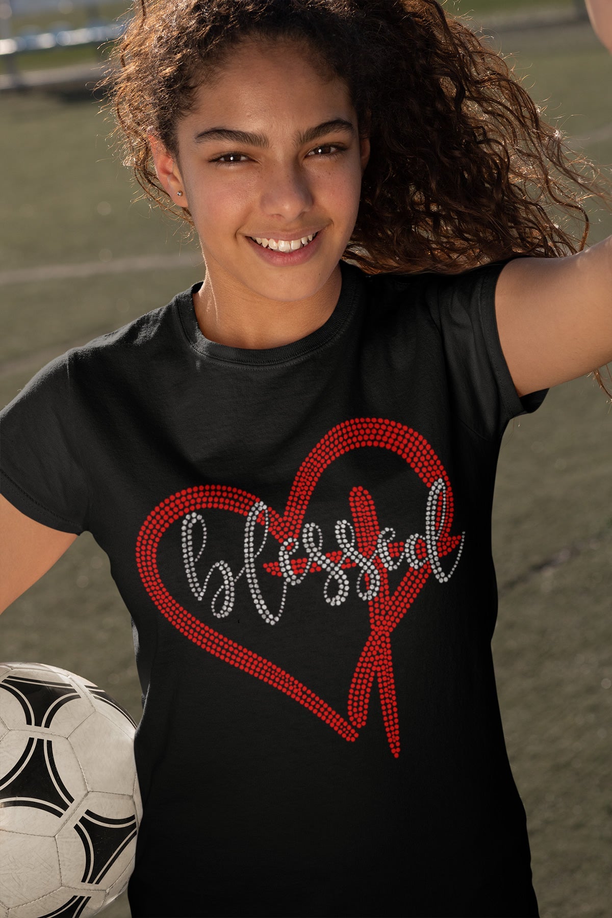 Blessed Heart and Cross Rhinestone T-shirt; religious; Design BLES-3
