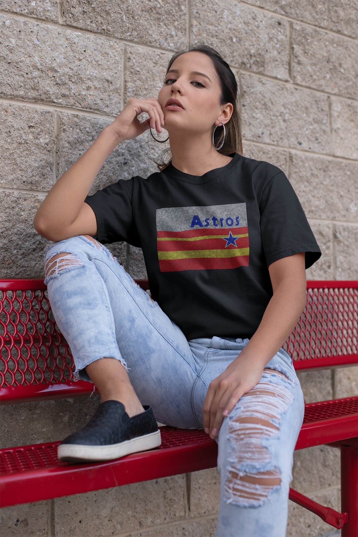 Astros Flag Rhinestone T-shirt; Large design; baseball, star, stripes, retro H-Town, Houston; Design-HA1b