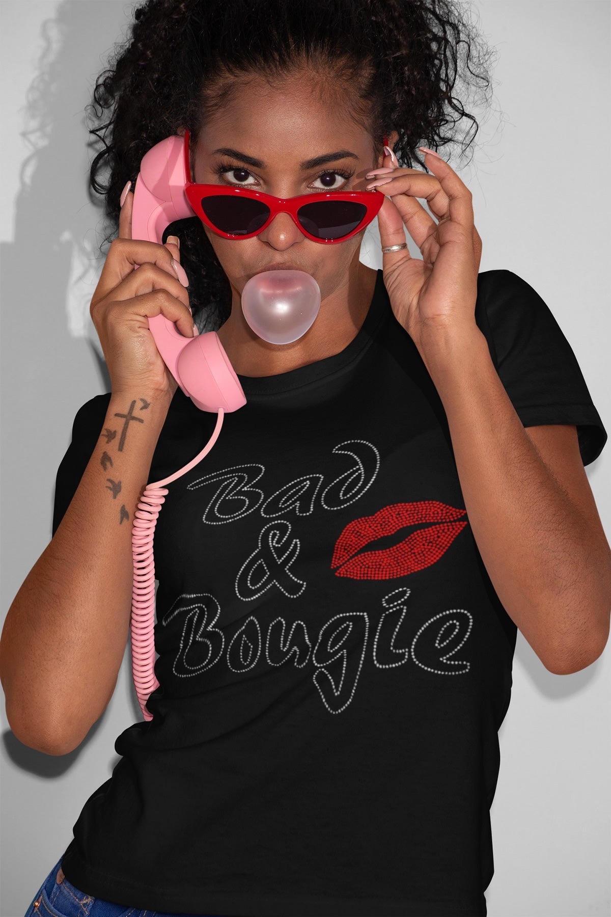 Bad & Bougie Rhinestone T-shirt; red lips; Large design; BOUGIE-1