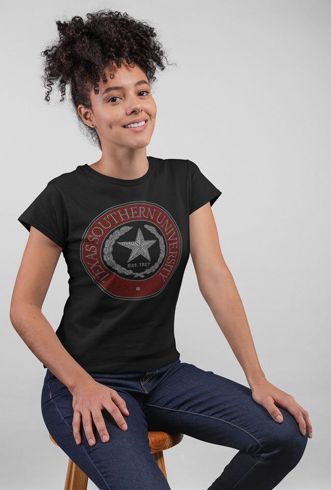 Texas Southern University Rhinestone Circle T-shirt; TSU, University, Est. 1927; Large design; Design TxS-1