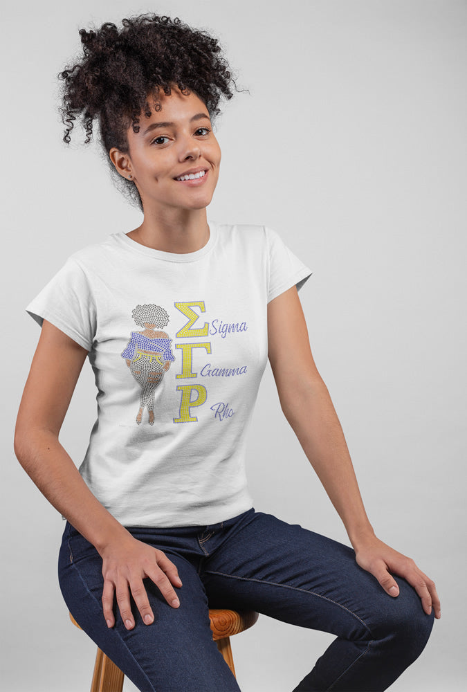 Sigma Gamma Rho Lady Rhinestone T-shirt; Greek; Large design; Design-SG1