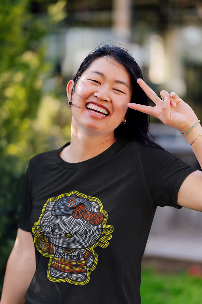 Astros Hello Kitty Colorful Rhinestone T-shirt; baseball, Houston, H-Town; Large design; Design-HA9a (navy hat)