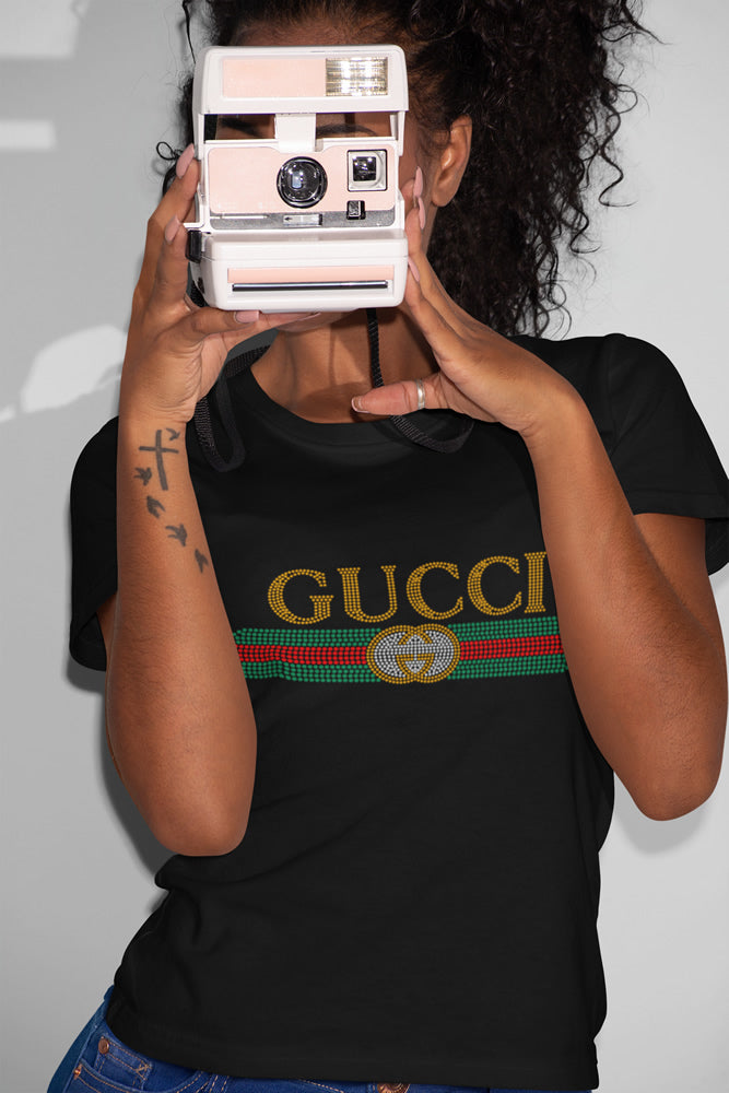 GUCCI Stripes Rhinestone T-shirt; GG; Design-G9