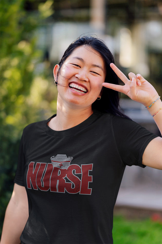 NURSE Hat Rhinestone T-shirt; nursing; Large design; Design NURSE-2