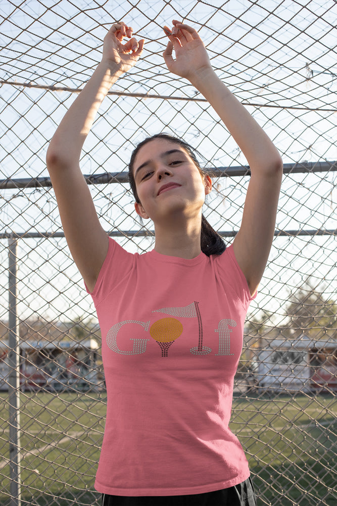 Golf Rhinestone T-shirt; tee, ball, flag; Design GOLF-4