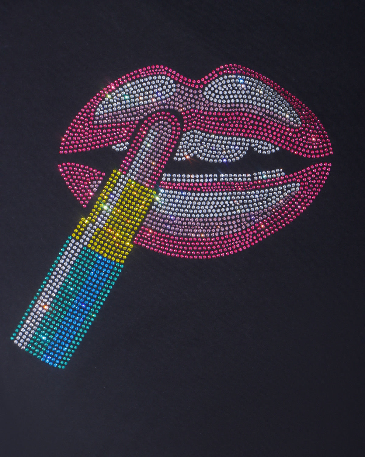 Pink Lips Pink Lipstick Rhinestone T-shirt; Design LIPS-7