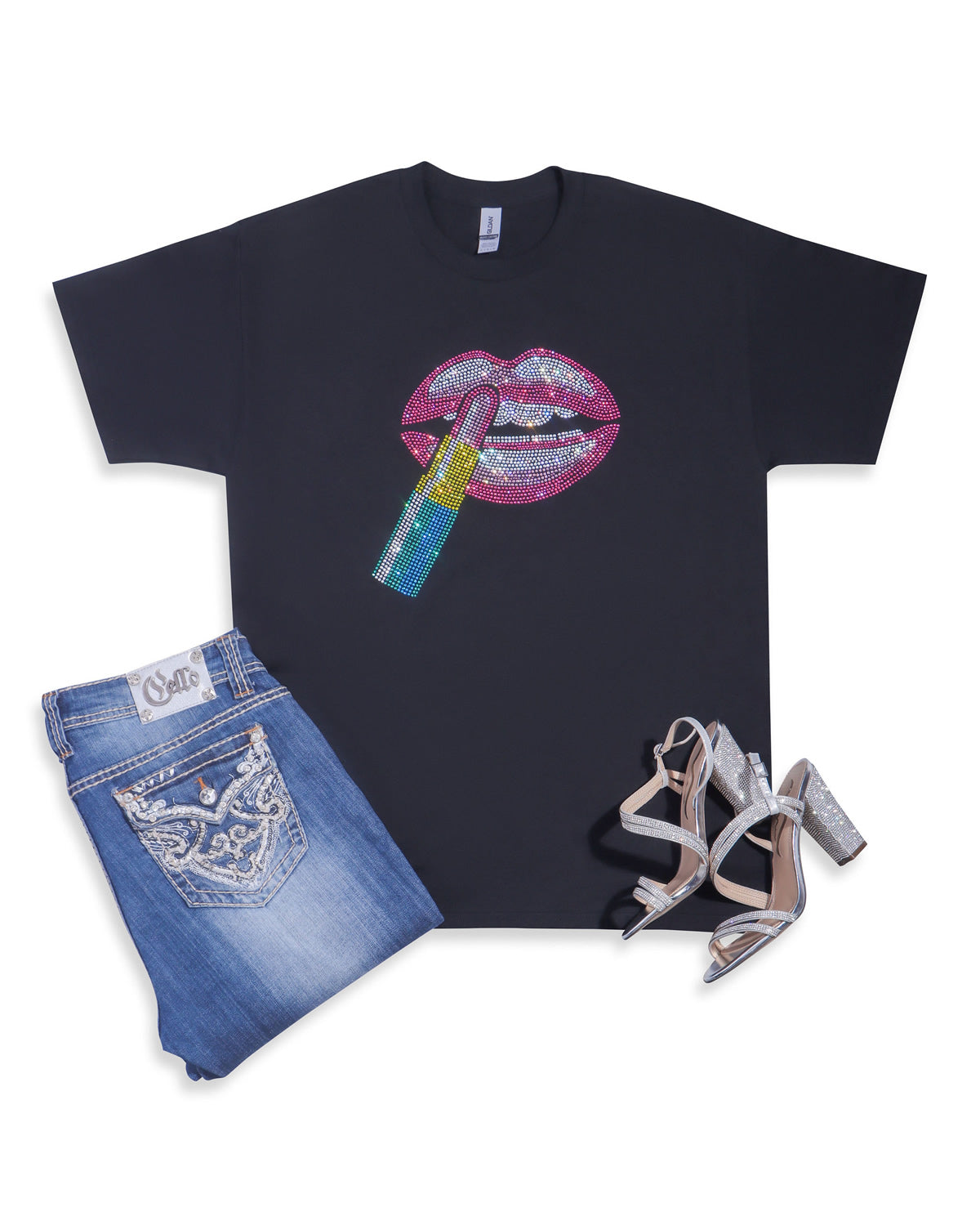 Pink Lips Pink Lipstick Rhinestone T-shirt; Design LIPS-7