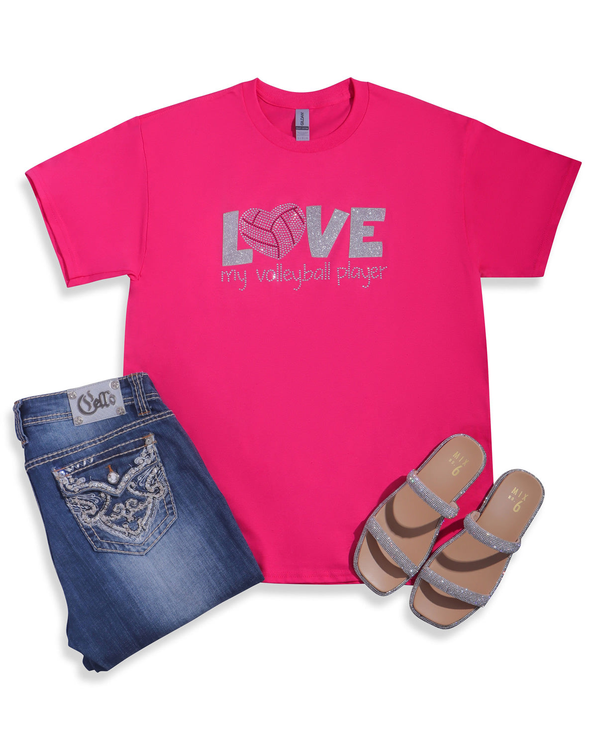 LOVE My Volleyball Player Rhinestone & Glitter Vinyl T-shirt; Design VBALL-2