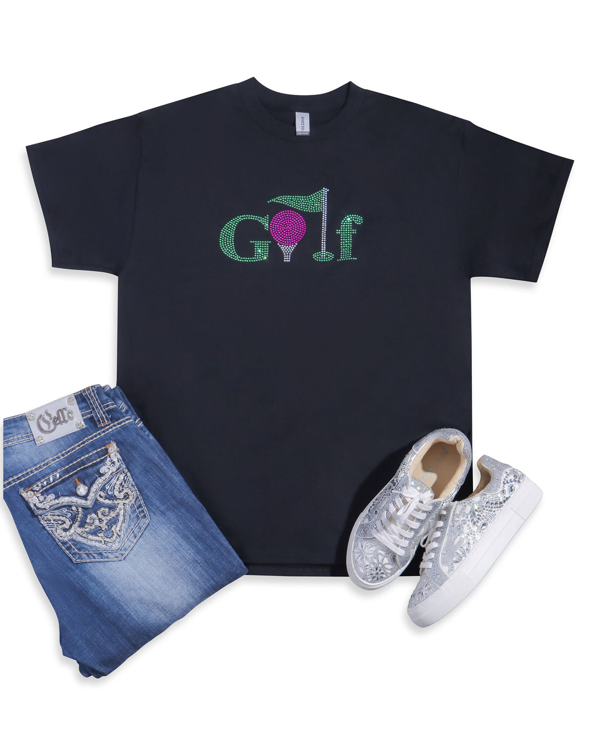 Golf Rhinestone T-shirt; tee, ball, flag; Design GOLF-6