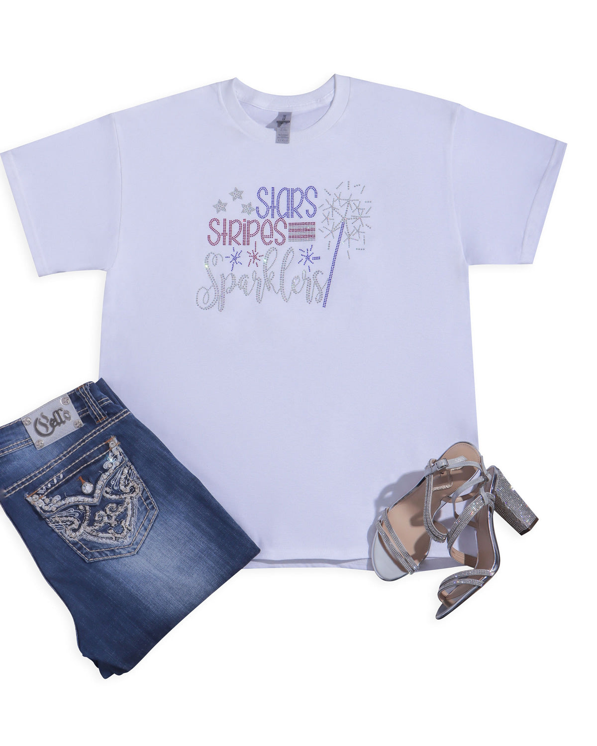 Stars Strips Sparklers Rhinestone T-shirt; US, USA, patriotic; Design-USA2