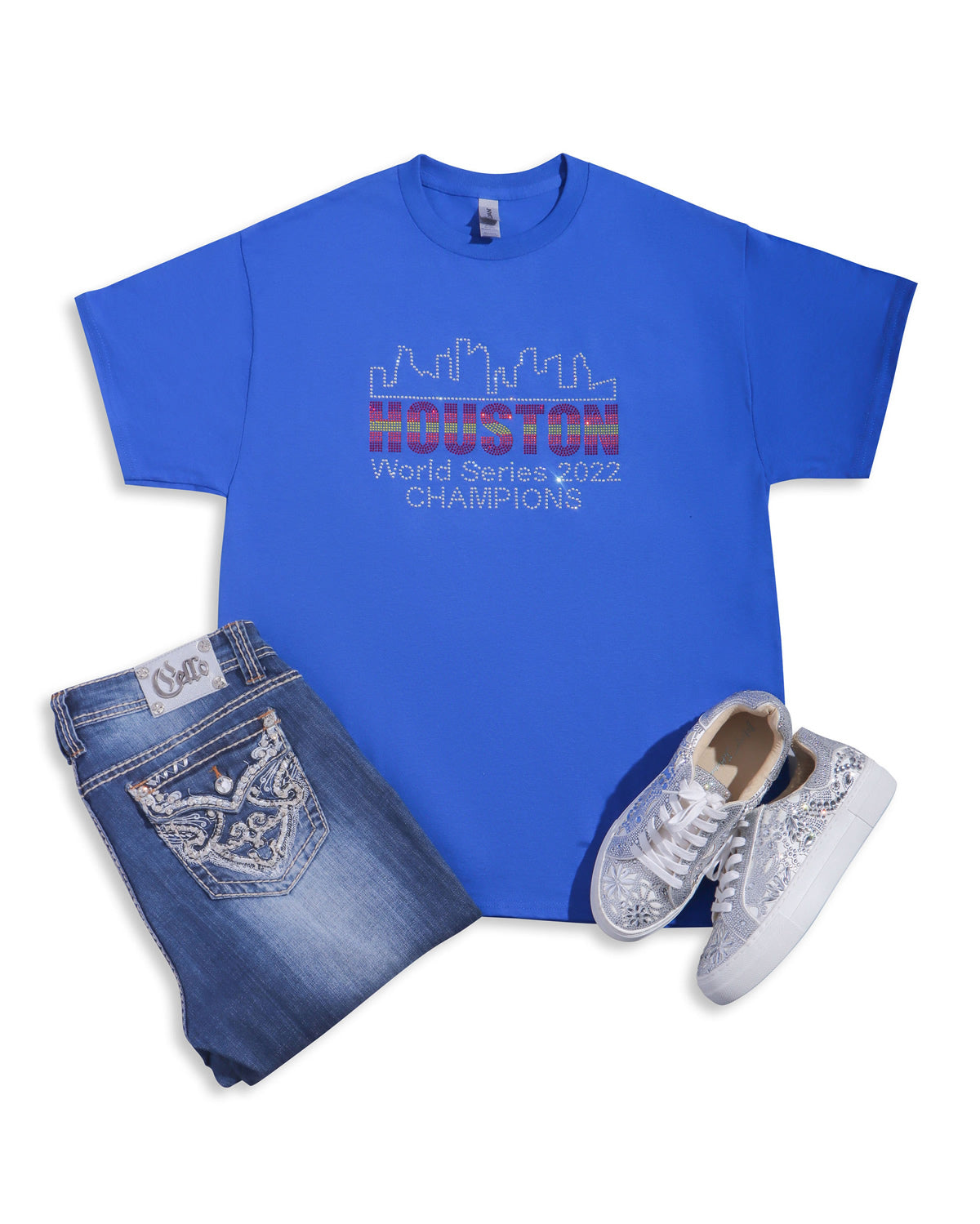 HOUSTON World Series 2022 CHAMPIONS+Skyline Rhinestone T-shirt; Design-HOU3