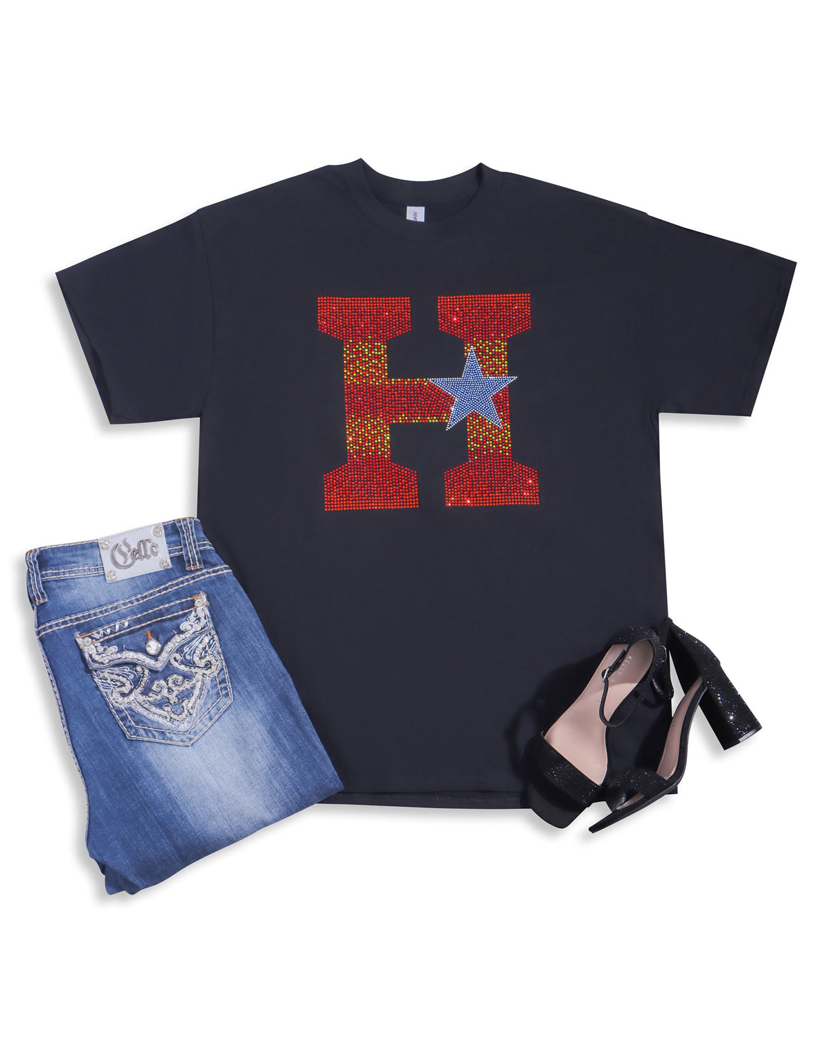 Large "H" and Star Rhinestone T-shirt; Astros, baseball, H-Town, Houston; Design-HA4