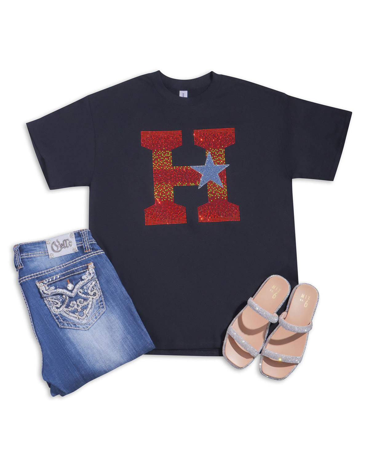 Large "H" and Star Rhinestone T-shirt; Astros, baseball, H-Town, Houston; Design-HA4