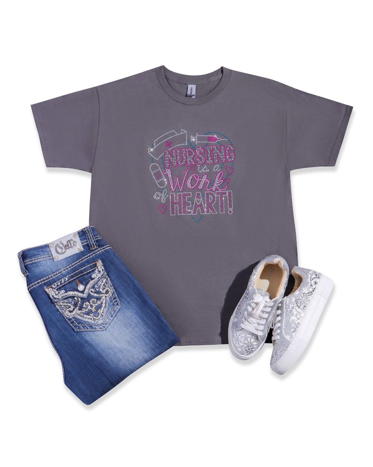 NURSING is a Work of HEART! Rhinestone T-shirt; nurse; Design NURSE-13