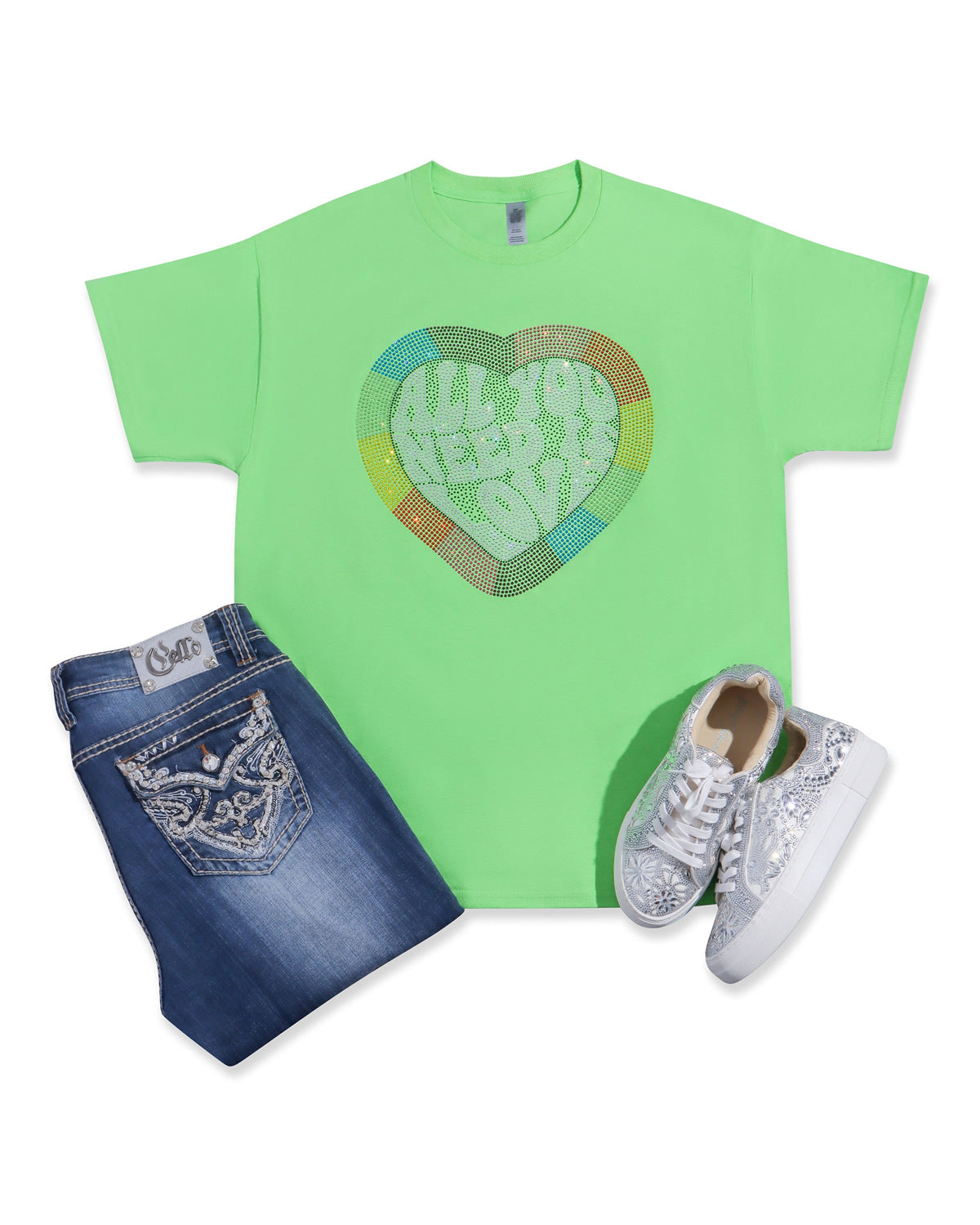 ALL YOU NEED IS LOVE Heart Rhinestone T-shirt; rainbow; PRIDE-2
