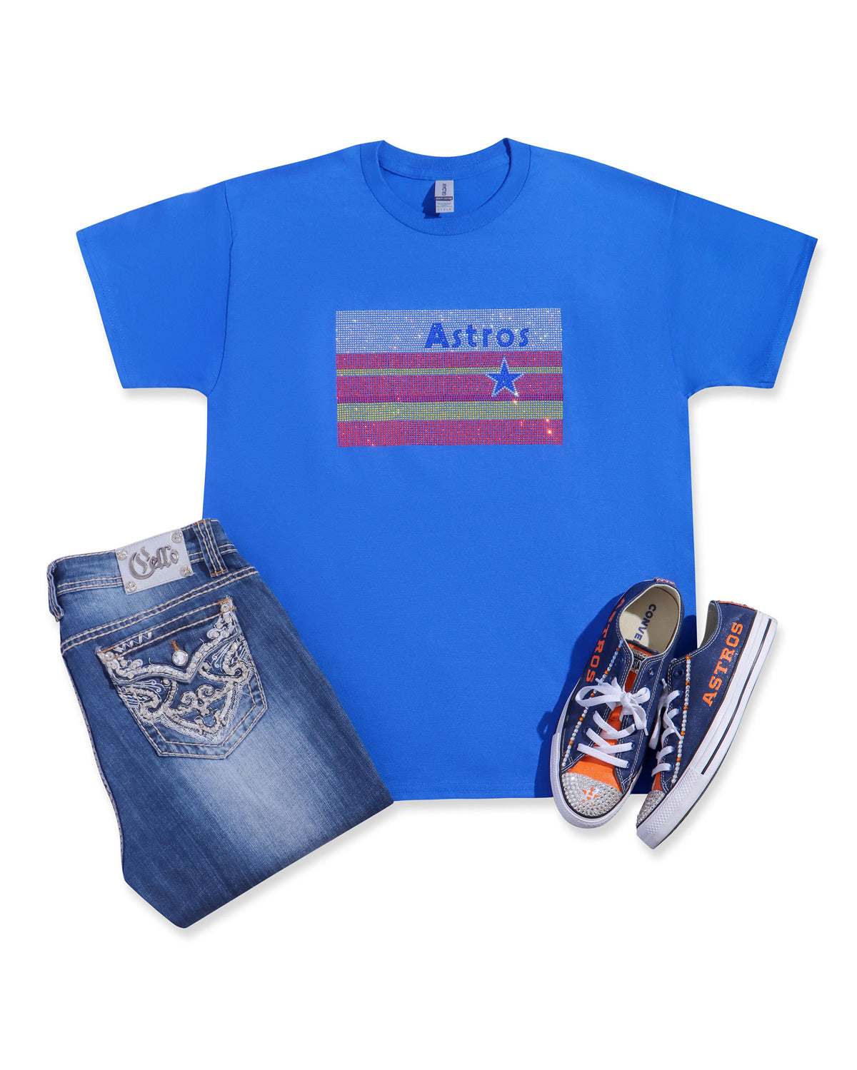 Astros Flag Rhinestone T-shirt; baseball, star, strips, retro, H-Town, Houston; Design-HA1a