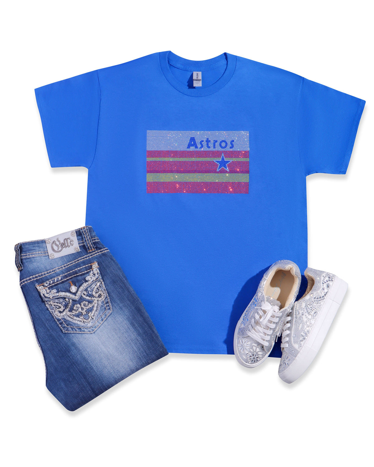 Astros Flag Rhinestone T-shirt; baseball, star, strips, retro, H-Town, Houston; Design-HA1a