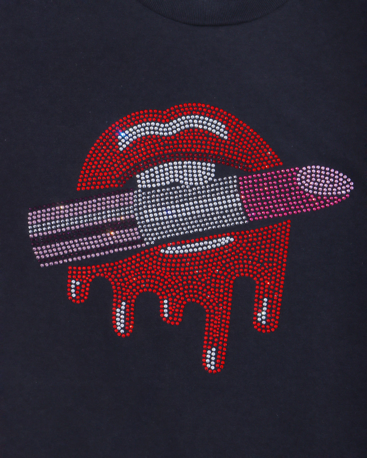 Red Lips Drip and Pink Lipstick Rhinestone T-shirt; Design LIPS-5