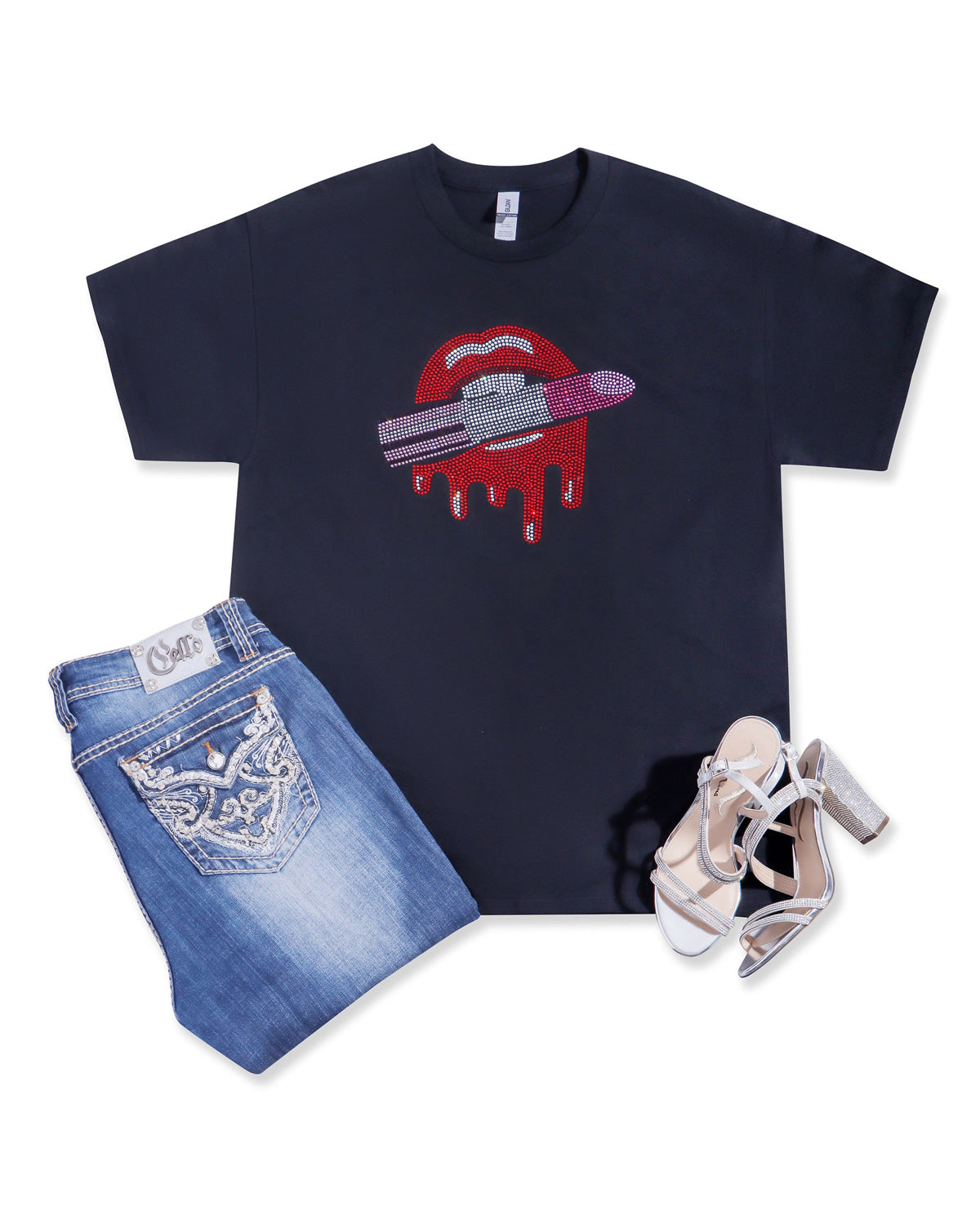 Red Lips Drip and Pink Lipstick Rhinestone T-shirt; Design LIPS-5