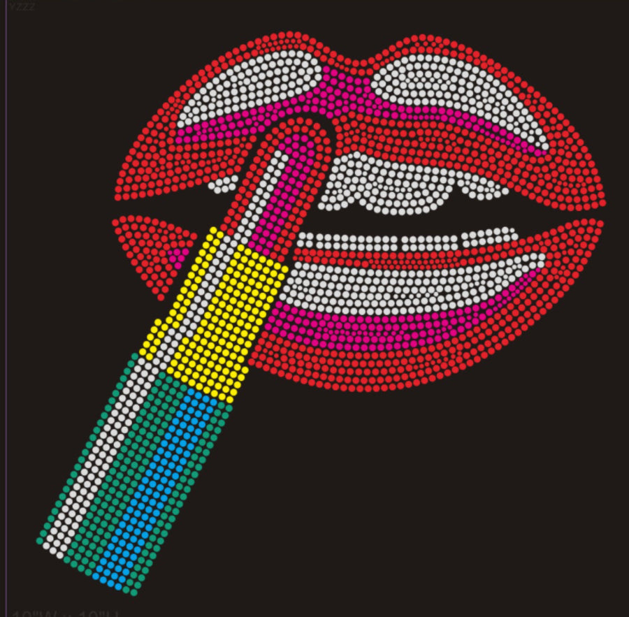Red and Pink Lips with Red and Pink Lipstick Rhinestone T-shirt; Design LIPS-6
