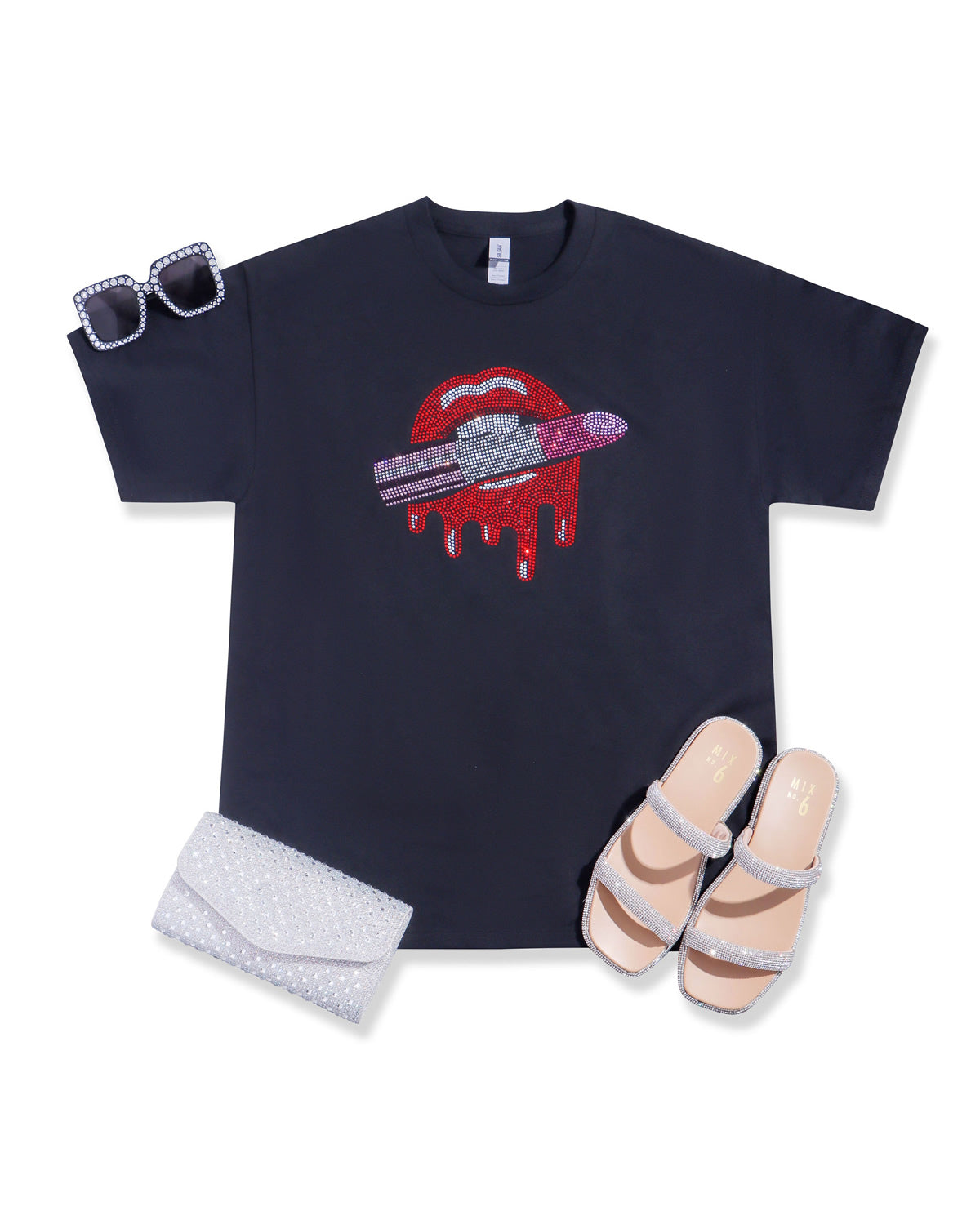 Red Lips Drip and Pink Lipstick Rhinestone T-shirt; Design LIPS-5