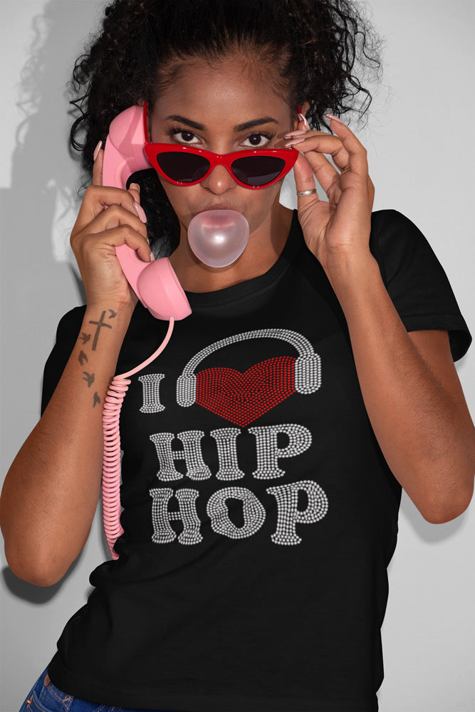I Love (Heart) Hip Hop Rhinestone T-shirt; headphones, music; Design MUSIC-1