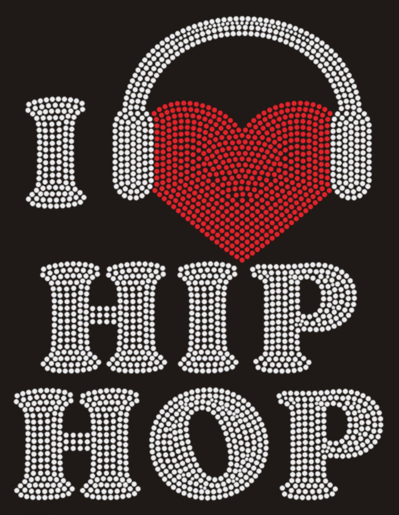 I Love (Heart) Hip Hop Rhinestone T-shirt; headphones, music; Design MUSIC-1