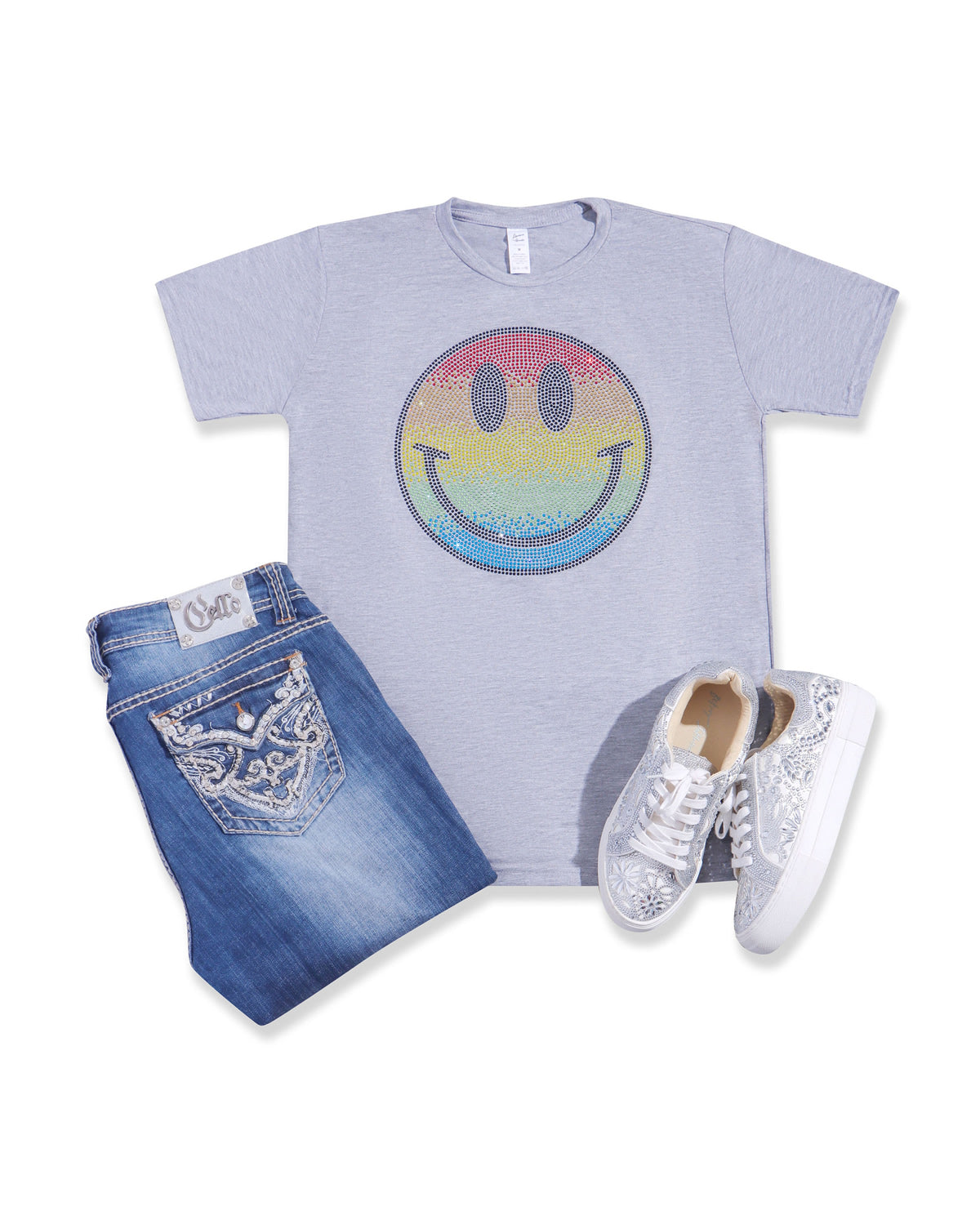 Smiley Face Rainbow Rhinestone T-shirt; Design PRIDE-5