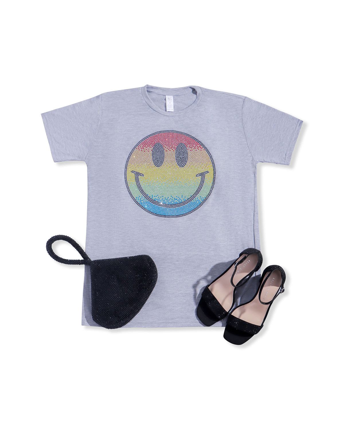 Smiley Face Rainbow Rhinestone T-shirt; Design PRIDE-5