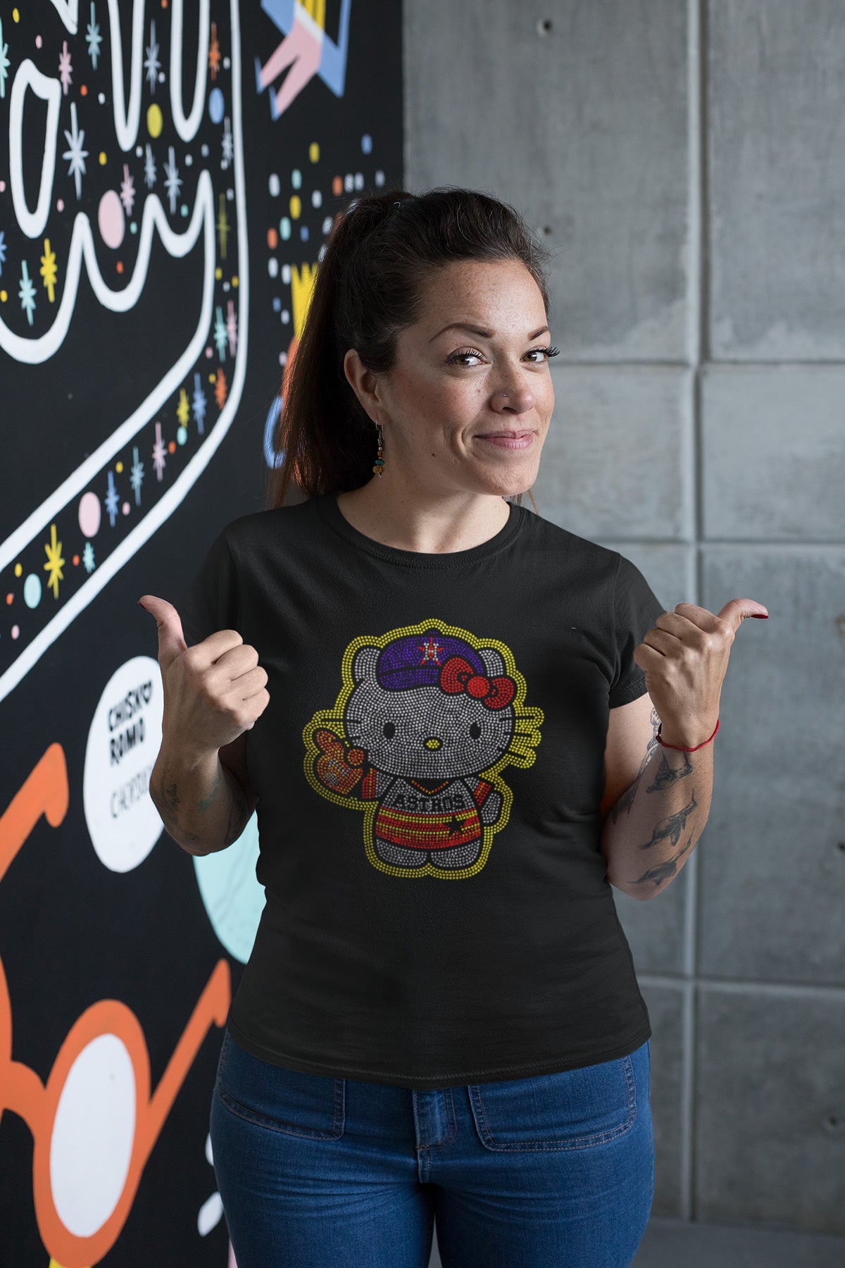 Astros Hello Kitty Colorful Rhinestone T-shirt; baseball, characters, Houston, H-Town; Design-HA9b (royal hat)